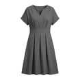 thumbnail image 4 of Karymi Plus Size Notch V-Neck A-Line Dress, Short Sleeve Waist Pleated Flare Dress with Pockets, Solid Casual Work Dress Spring Dresses for Women, 4 of 7