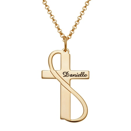 - Personalized Women's Sterling Silver or Gold over Silver Personalized Cross With Swirl Necklace, 18+2