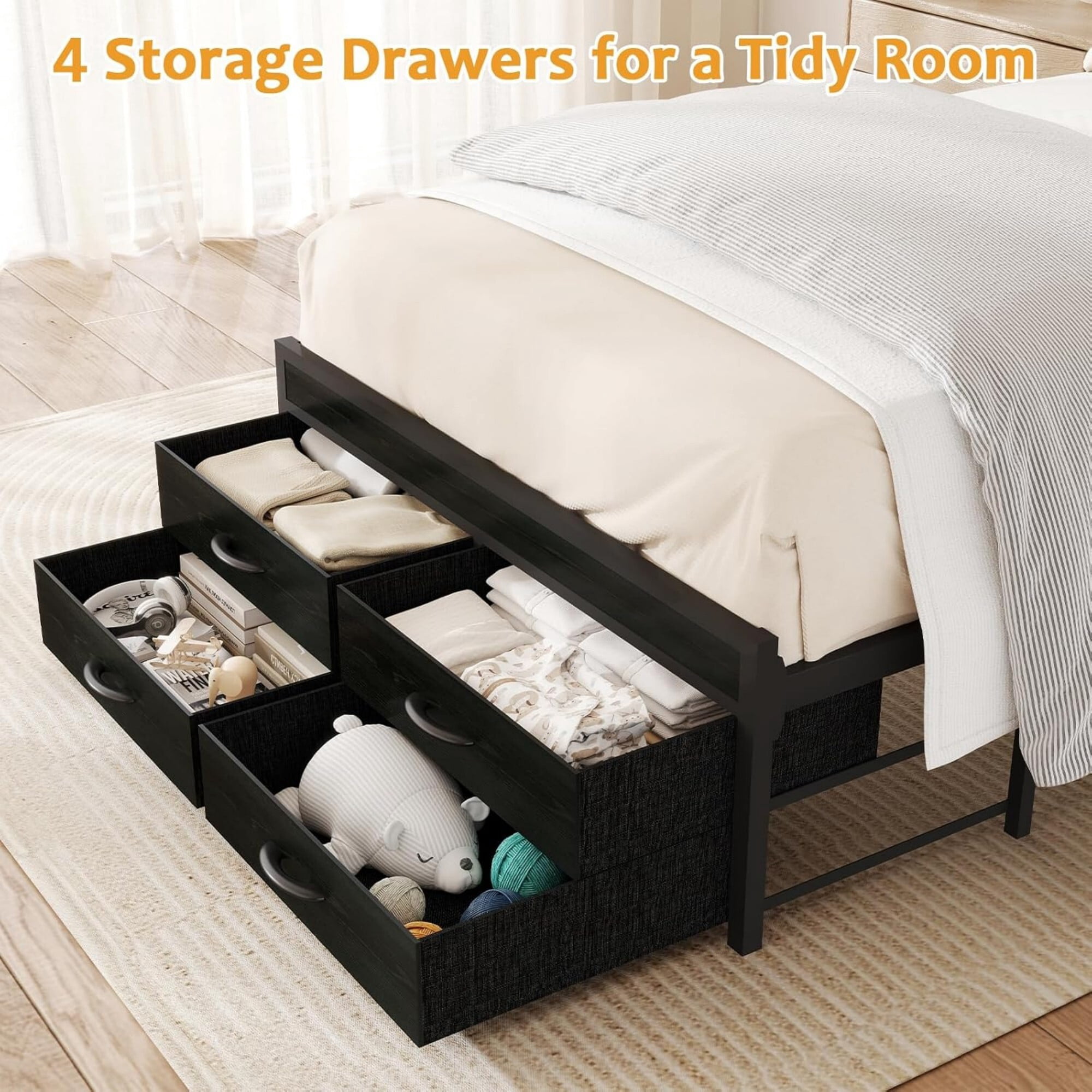 AENKYO Twin Size Bed Frame with 4 Storage Drawers, LED Lights, Charging Station Headboard, Black