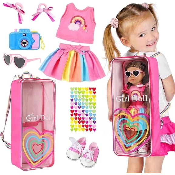 K.T. Fancy  18" Girl Doll Carrier Backpack Rainbow Heart Style Playset - 9 Piece Accessory Collection with Bag , Gifts for 3-10 Years Old