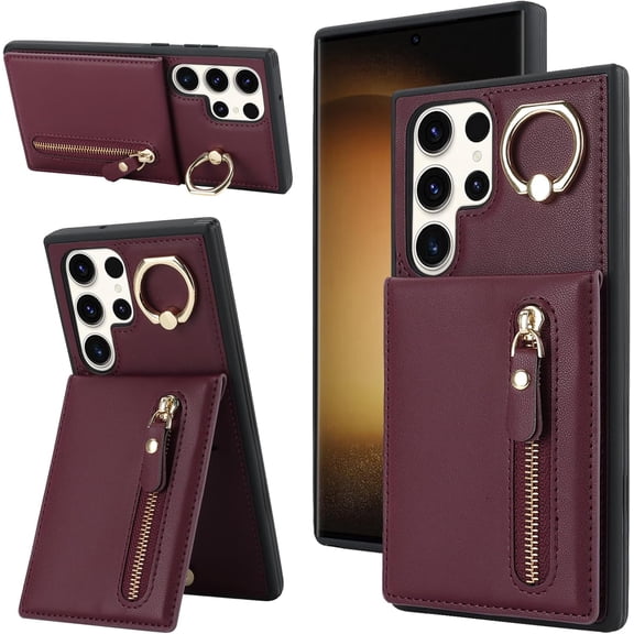 Samsung Galaxy S23 Ultra Case with Card Holder for Women, Samsung Galaxy S23 Ultra Phone Case Wallet with Credit Card with Ring Kickstand Zipper Shockproof Slim Stand Case - Red Wine