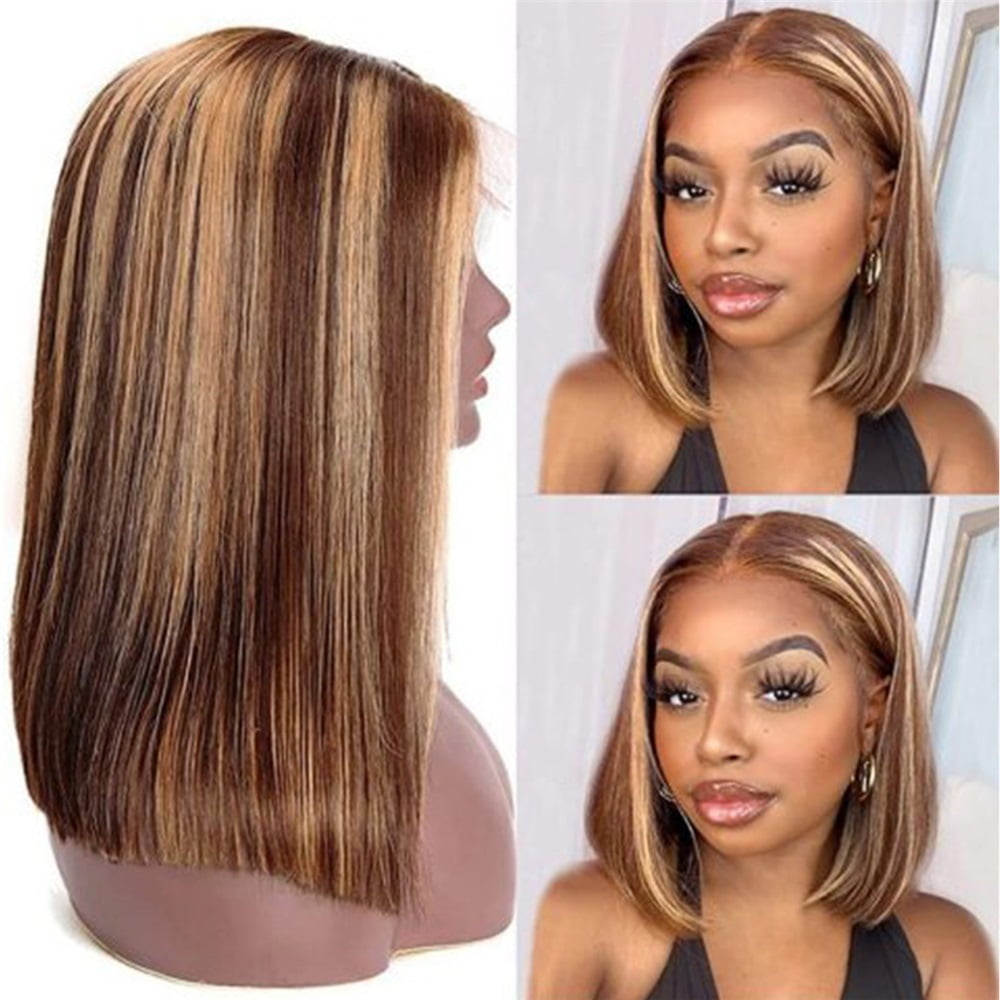 180 Density Highlight Short Bob Human Hair Wig 4×4 Lace Frontal Wig for Black Women Pre Plucked Indian Hair Straight Wig