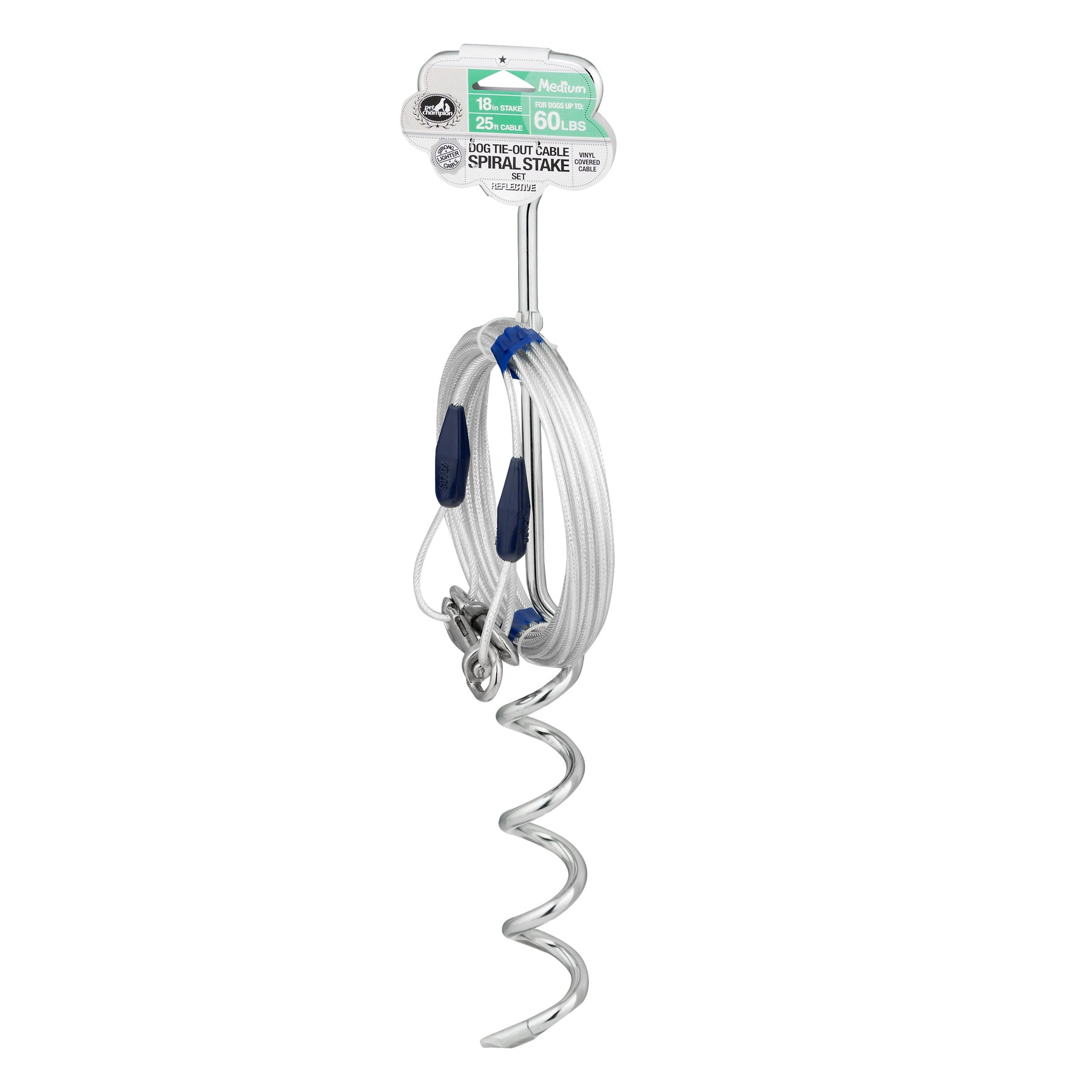 Pet Champion Dog Tie-Out Cable Spiral Stake Set 25' Medium Weight, 1.0 CT
