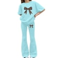 thumbnail image 2 of UACY Girls 2 Piece Outfits Long Sleeve Crew Neck Bow Sweatshirt Top and Flare Pants Set (Mint Green, 11-12 Years), 2 of 6