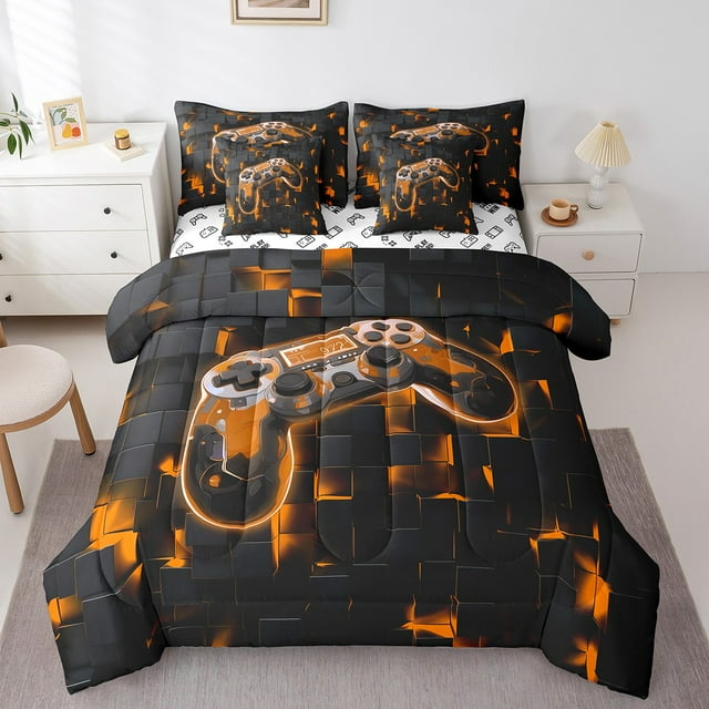 YST Kids Gamer Comforter Set Bed-in-a-Bag 7Pcs Game Console Bedding Full for Kids 3D Orange Geometry Square Gaming Comforter Sets with Sheets, Cool Gamepad Gamer Controller Quilt Set