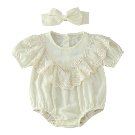 

Toddler Baby Girls Climbing Clothes Short Sleeve Solid Colour Lace Romper Bodysuits With Headbands Outfits For 3-6 Months