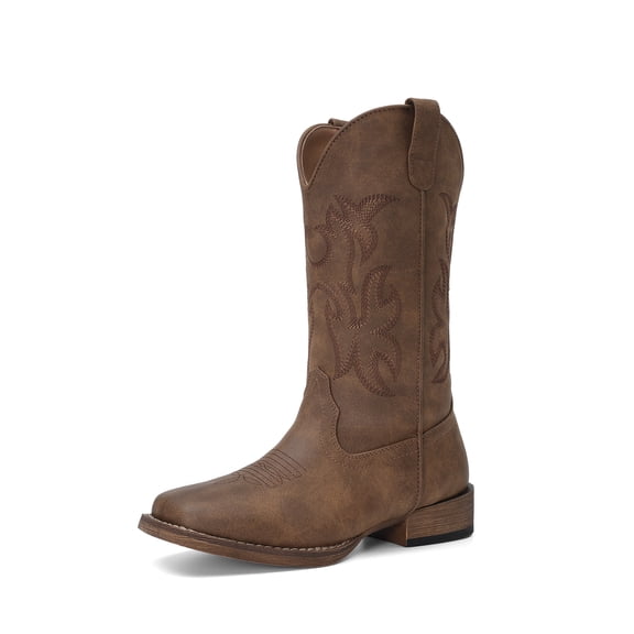 DREAM PAIRS Women's Cowboy Boots Mid Calf Western Cowgirl Boots Wide Square Toe Pull-On Embroidered Boots with Block Heel