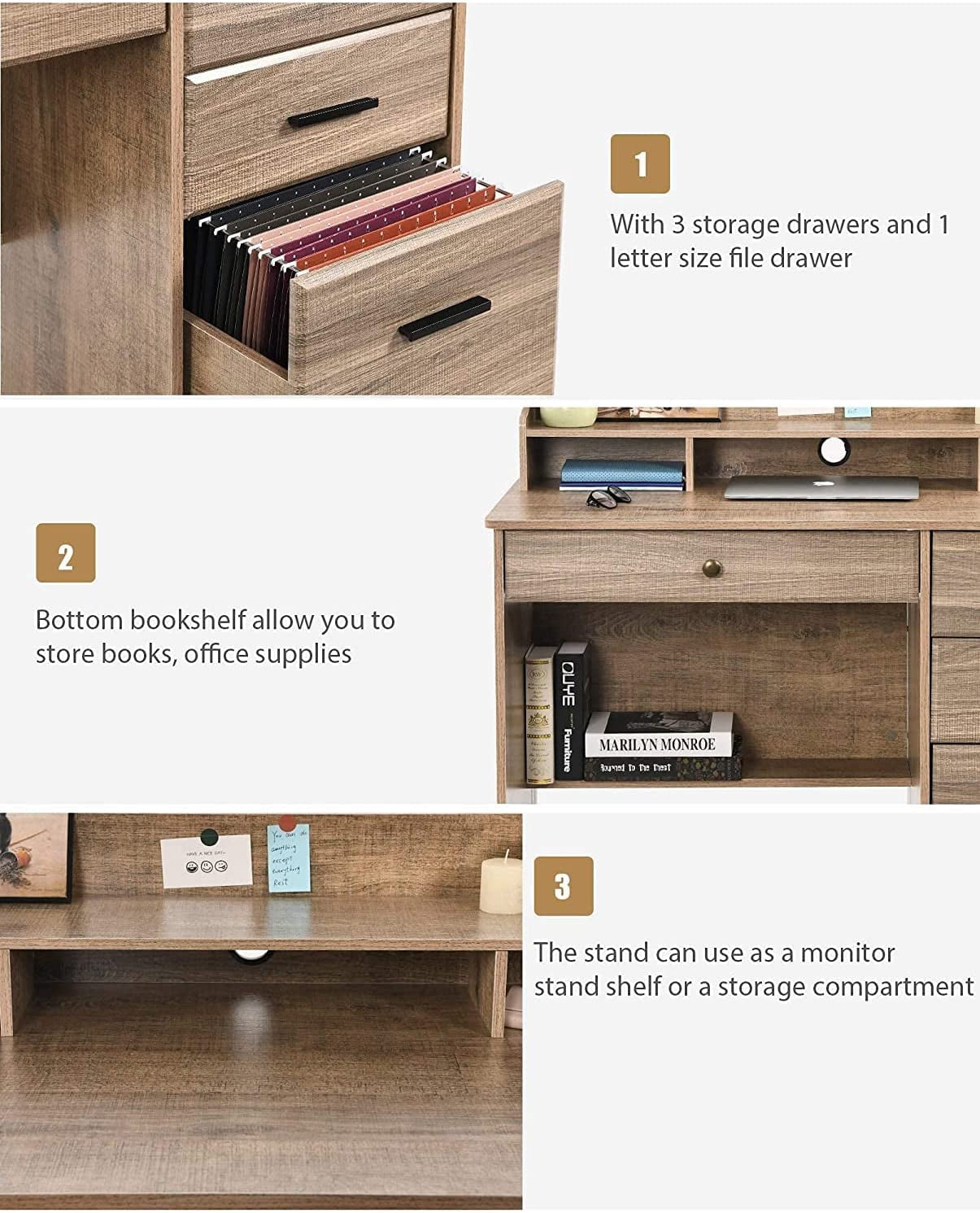 Catrimown Computer Desk with Drawers, Home Office Desk with Monitor Stand, Student Desk with Drawers, Light Oak