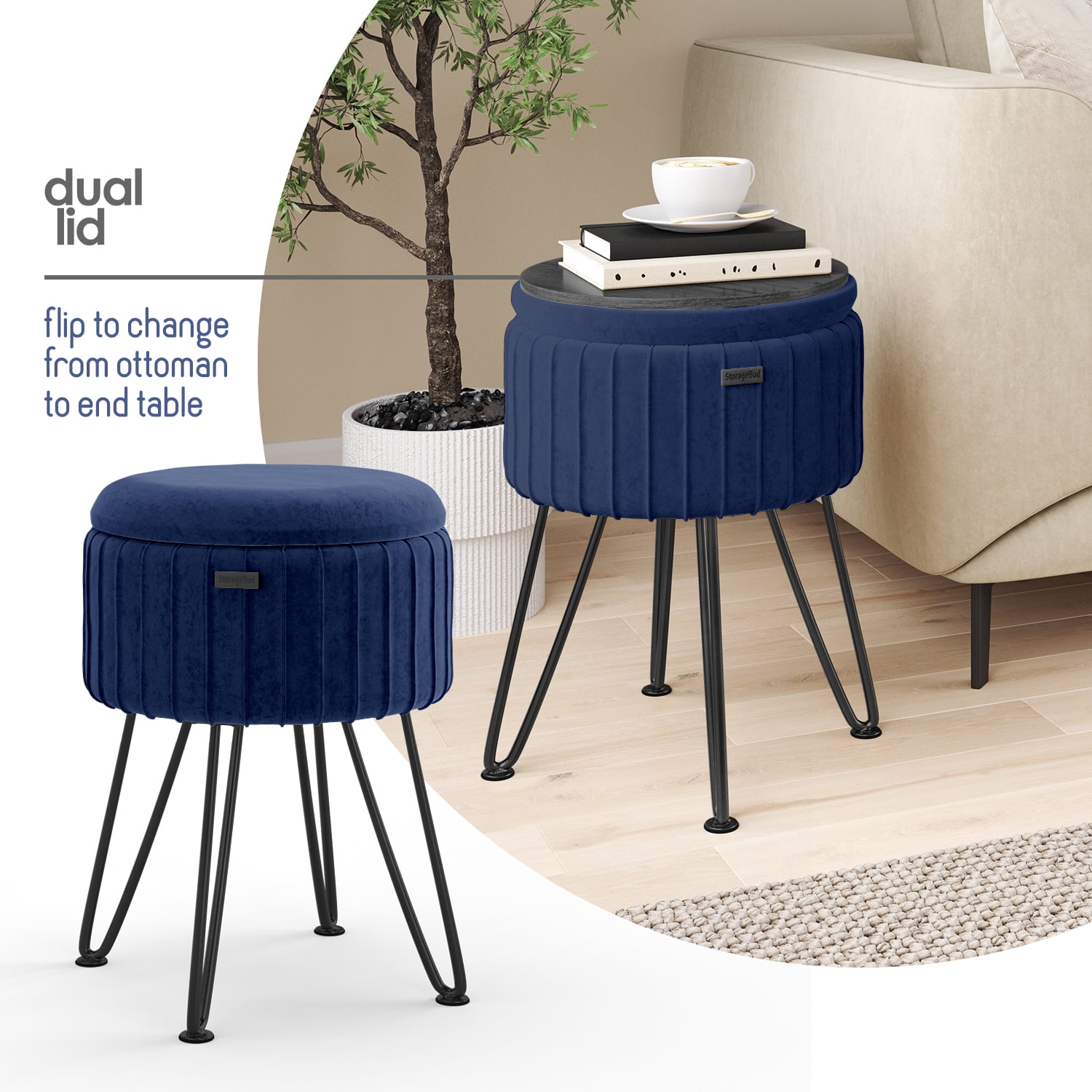Hearth & Harbor Round Ottoman with Storage, Luxurious Foot Stool and Chic Vanity Stool with Storage, Elegant Pleated Velvet Blue