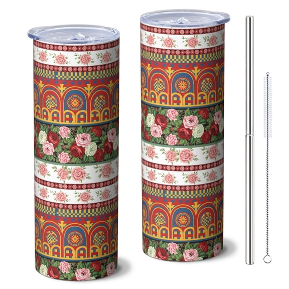 Pioneer Flower Floral Print Pattern 20oz Skinny Tumbler with Straw & Lid, Double Wall Vacuum Insulated Cup, Leak-Proof, Cup Holder Friendly, Hot 6H Cold 12H