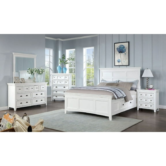 Contemporary White Color 4pc Bedroom Set Eastern King Size Bed Dresser Mirror Nightstand Storage Side Rails Drawer