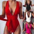 thumbnail image 2 of ENJOYW Women Bikini Solid Color Deep V Neck One Piece Temperament Off Shoulder Swimwear for BeachPolyester, 2 of 7