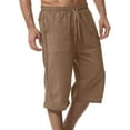 thumbnail image 3 of 3/4 Linen Capri Pants for Men Loose Fit Elastic Drawstring Waist Cropped Trousers with Side Pockets Breathable Lightweight Summer Casual Beach Yoga Workout Bottoms, #03 Coffee, L, 3 of 5