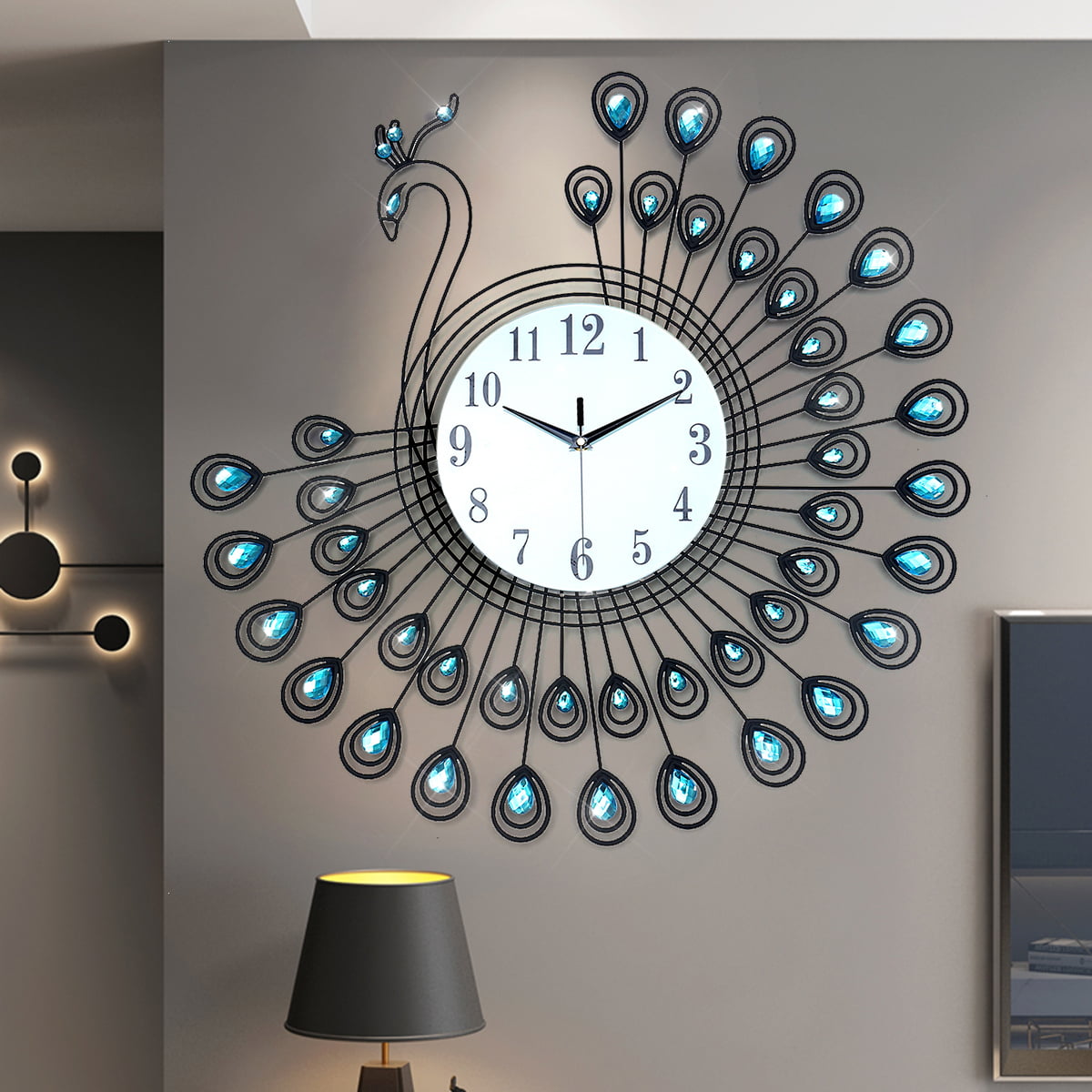 Crystal Wall Clock, Diamonds Decorative Sunburst Decor Clock, Rhinestone Hanging Clock, Peacock