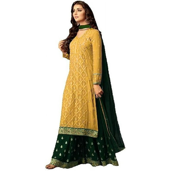 Event Wear Indian Salwar Kameez Suits Pakistani Designer Sharara Plazzo Outfits ( Yellow, 4XL - 50 )