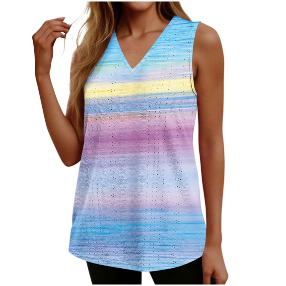 Enjoytime Womens Summer Tops Striped V-Neck Sleeveless Tank Top Boho Beach Vacation Casual Plus Size Shirts