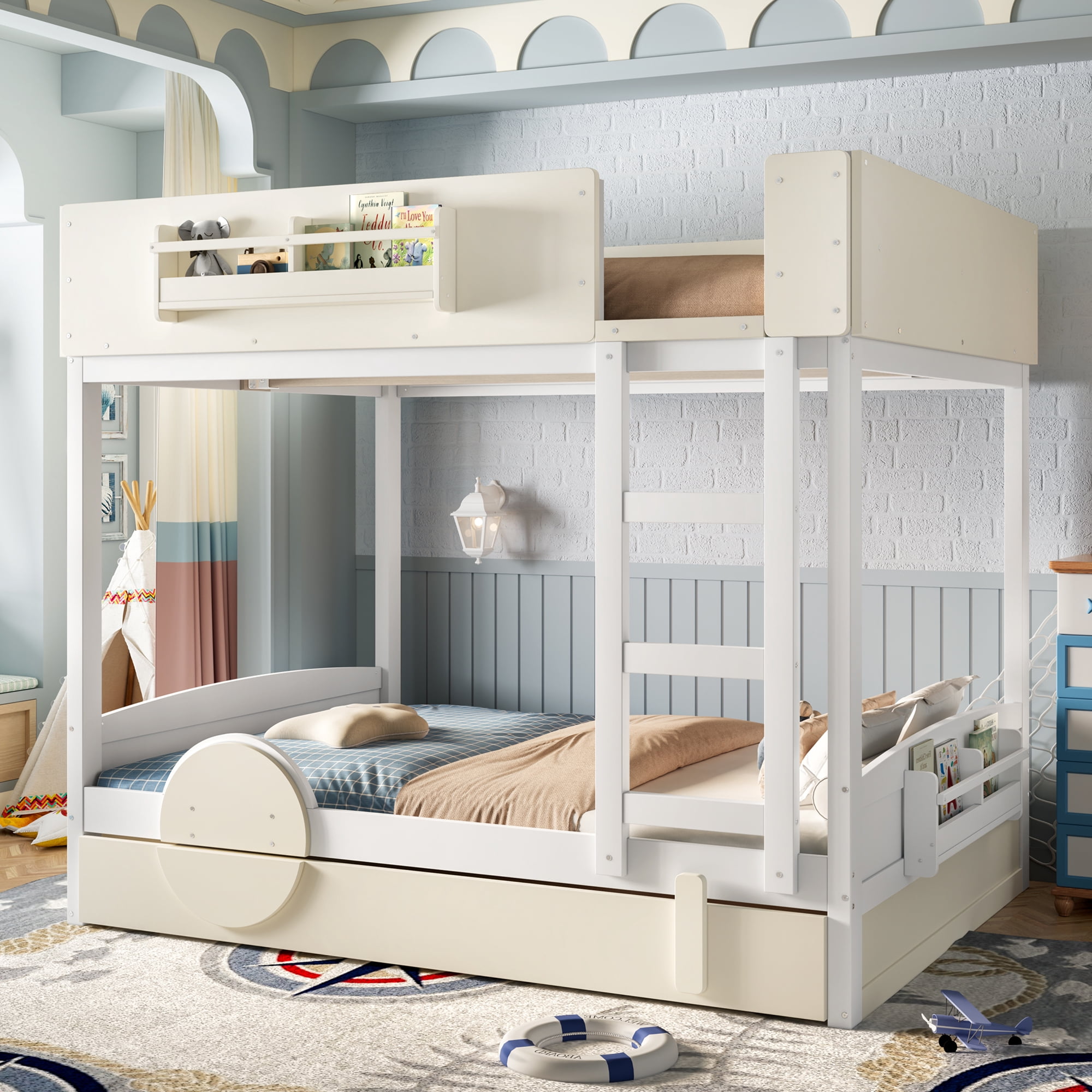 Mintazer Full Over Full Car Themed Bunk Bed with Trundle & Bookshelf, Modern Bunk Bed with Guardrail for Kids, White & Beige