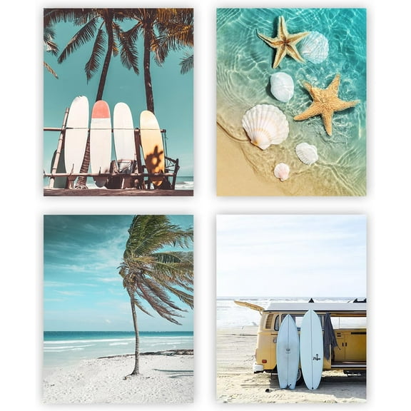 Summer Beach Wall Art, Beach Palm Coconut Tree Starfish Surfboard Sea Wall Art Canvas Posters for Bathroom Bedroom Living Room Decoration, Beach Art Prints, Set of 4-8" x 10", Unframed