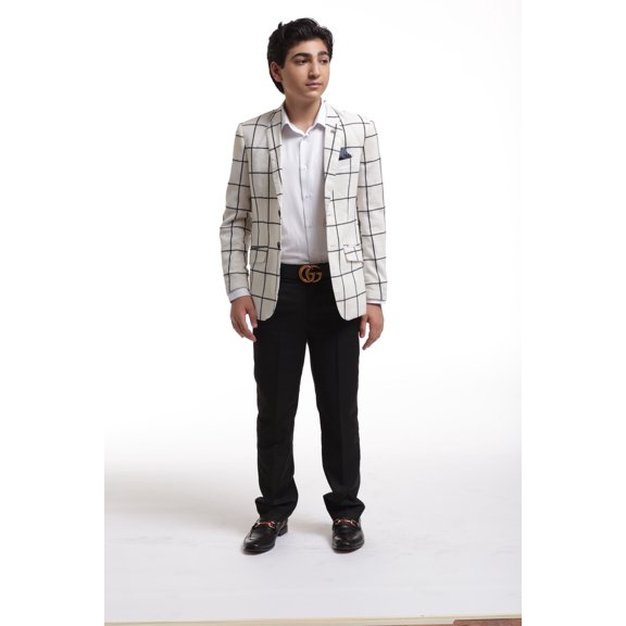 Elie Balleh White Embroidered Plaid Boys's Blazers Sports Coat Jacket