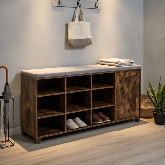 Resenkos 9-cube Adjustable Storage Shoe Bench with Padded Cushion-Rustic Brown, Space-Saving Shoe Rack Organizer for Closet Entryway