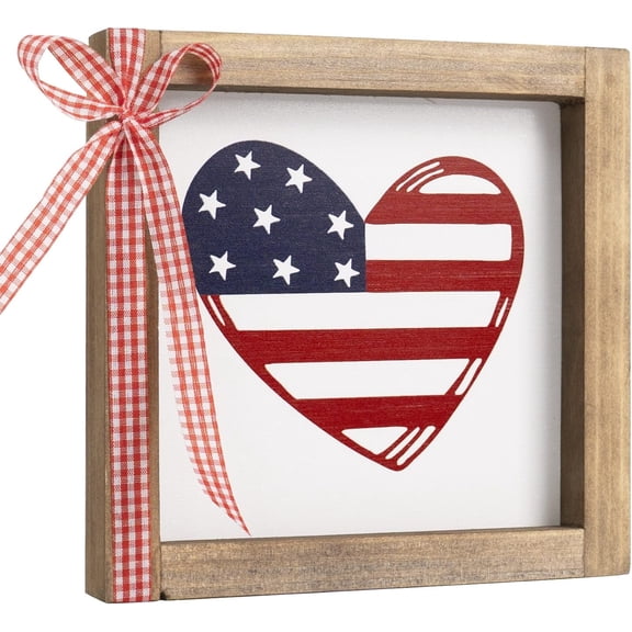 Fourth of July Tiered Tray Decor, Patriotic Heart Shaped Wooden Sign with Farmhouse Wood Frame and Gingham Bow, Small Tabletop Americana Decoration for Independence Day, Memorial Day and Veterans Day
