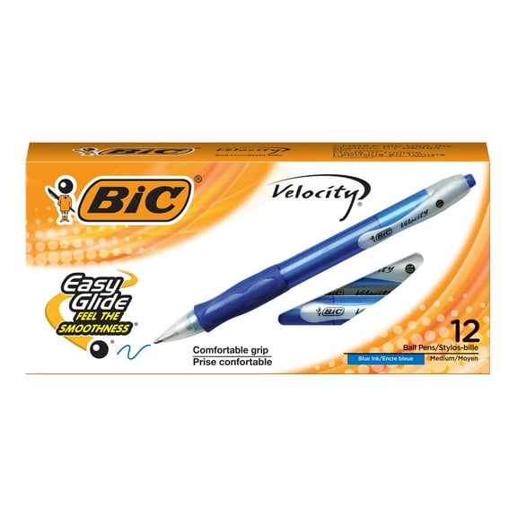 BIC Velocity Medium Point 1.0 mm Retractable Ball Pen Set, Blue, 12-Pack