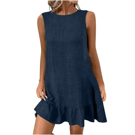 SAFUNY Women s Sleeveless Tunic Dress Crewneck Pullover Flowy Ruffle Hem Lightweight Beach Vacation Dress Dark Blue M