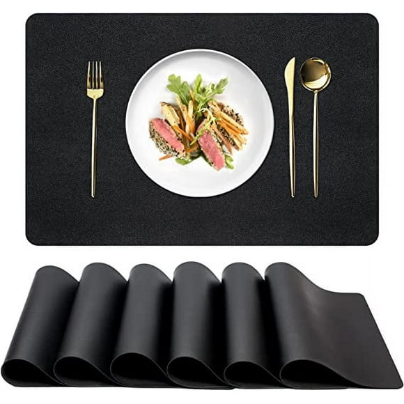 ALPIRIRAL Placemats Set of 6, Vinyl Washable Wipeable Black Place Mats, Heat Resistant Waterproof Faux Leather Table Mats, Non Slip Easy to Clean Placemat for Dining Table, Modern (Pearl Black, 6pcs)