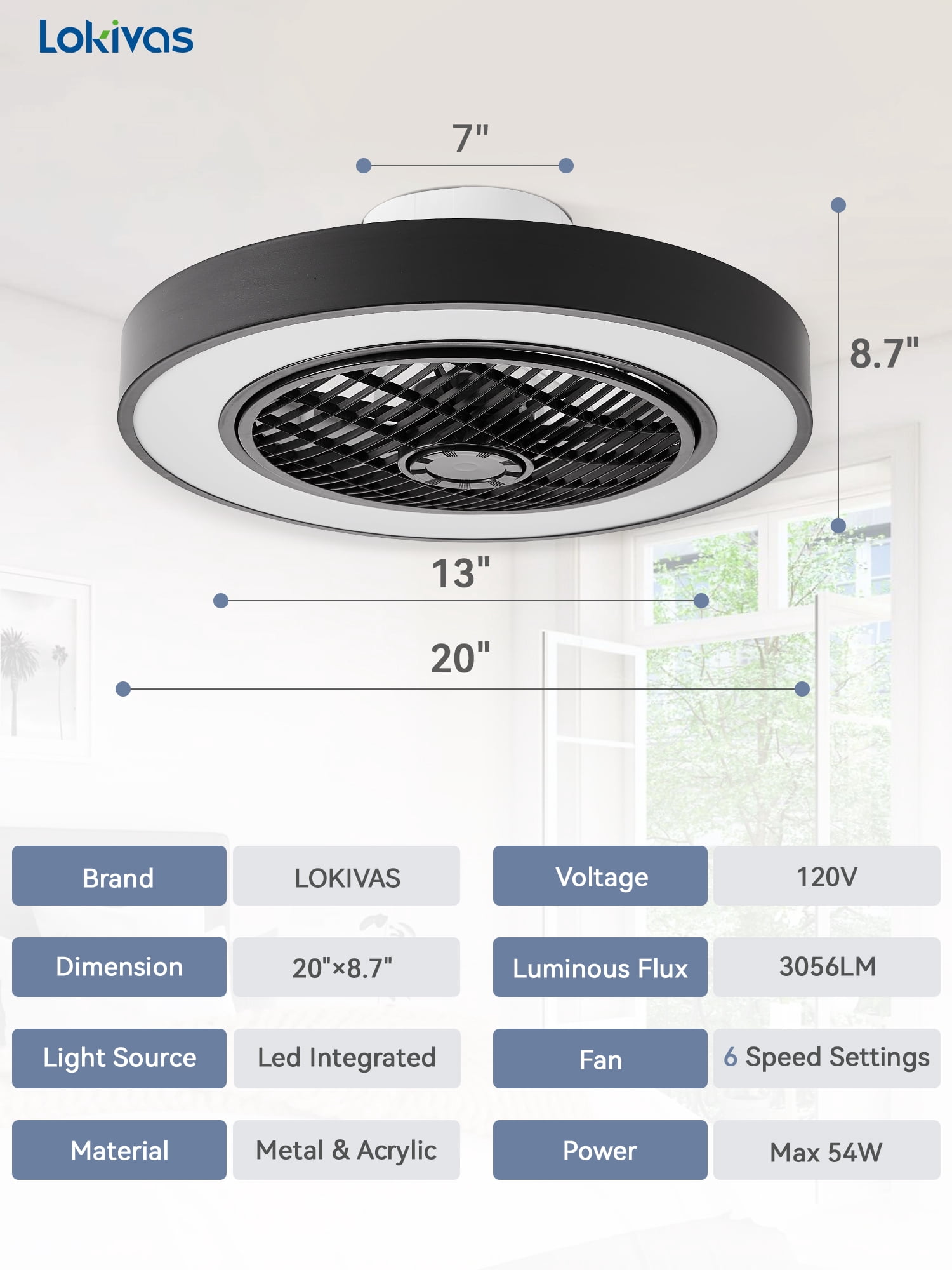 Lokivas 20in Modern Ceiling Fan with Light and Remote, Smart App Control, 6 Speeds, Low Profile with Quiet DC Motor for Living Room, Bedroom, Black
