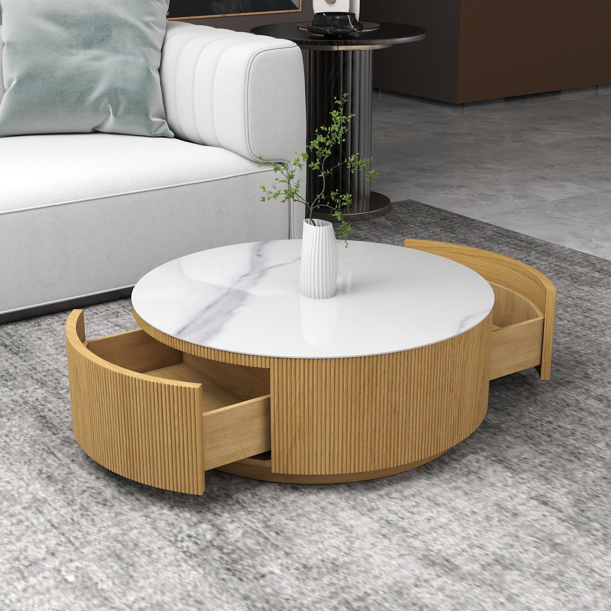 Magic Home Modern Round Coffee Table with Two Drawers,Circle Coffee Table Space-Saving Multiple Purpose for Living Room,dining room and home office,Wood color