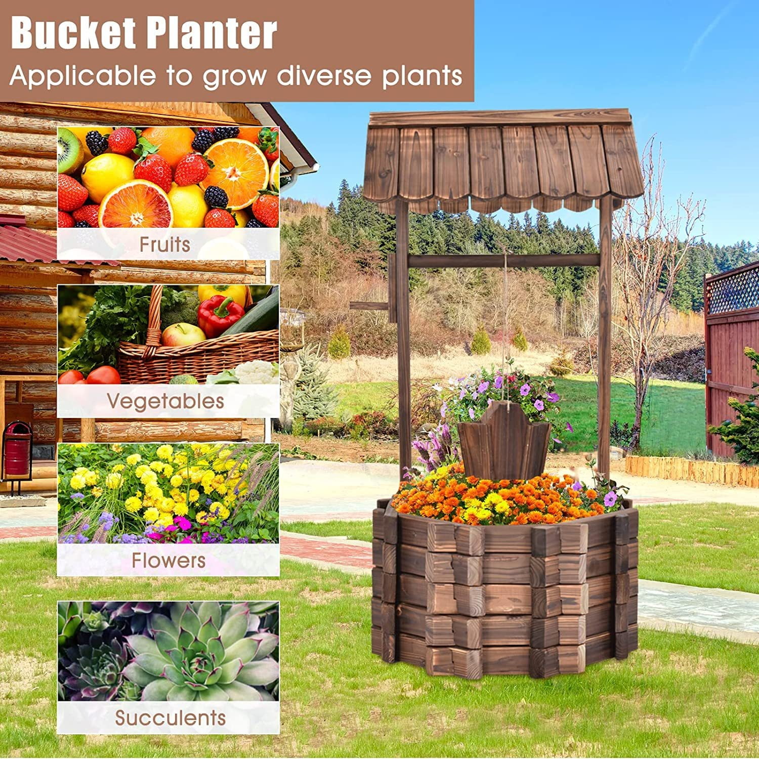 BAYUELSWU Wishing Wells for Yard, Wooden Wishing Well Planter with Hanging Bucket Decor for Garden Patio Lawn Backyard (Brown)