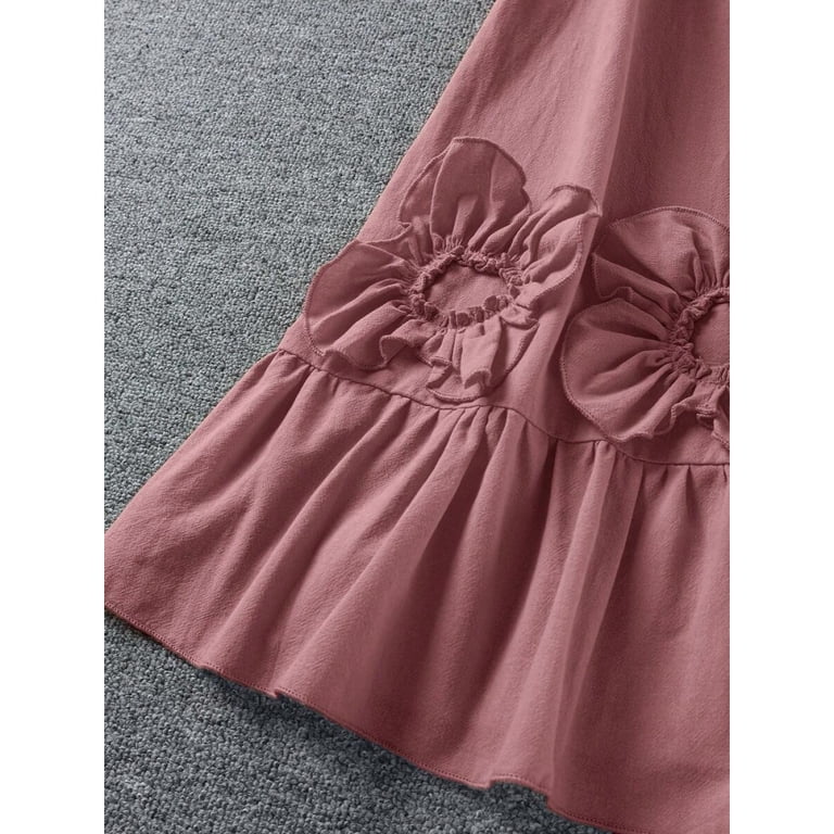dusty pink dress casual Dusty Pink Sleeveless Round Neck Casual Dress With 3D Floral Ruffle Hem