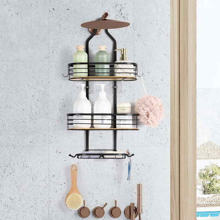 Oumilen Black Stainless Steel & Bamboo Hanging Caddy - Over-the-head Shower Organizer with Hooks & Suction Cups - Black
