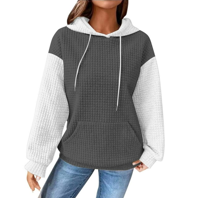 Yuyuzo Womens Fall Hoodie Long Sleeve Color Block Sweatshirts Drawstring Textured Pullover Tops