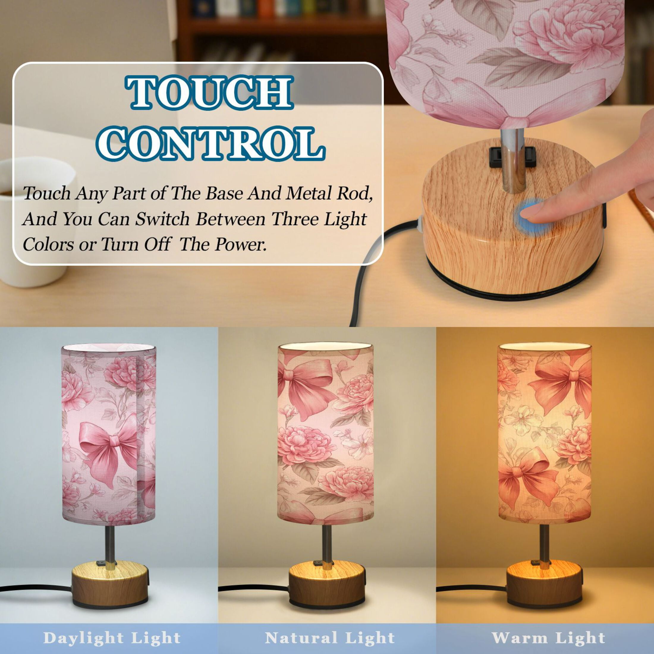 Touch-Control 3-Color Desk Lamp with Plug – Energy-Saving LED + 3 Simultaneous Charging Ports Pink Bows and Peony Flowers