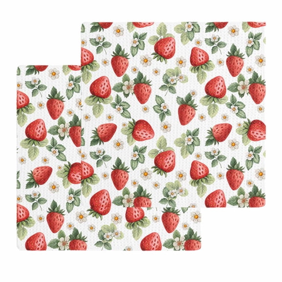 Red Strawberry Kitchen Dish Towels for Drying Dishes Set of 2, Summer Fruits Farmhouse Leaves Floral Rustic Waffle Weave Microfiber Hand Tea Bathroom Towels Quick Dry & Absorbent Towel 12x12