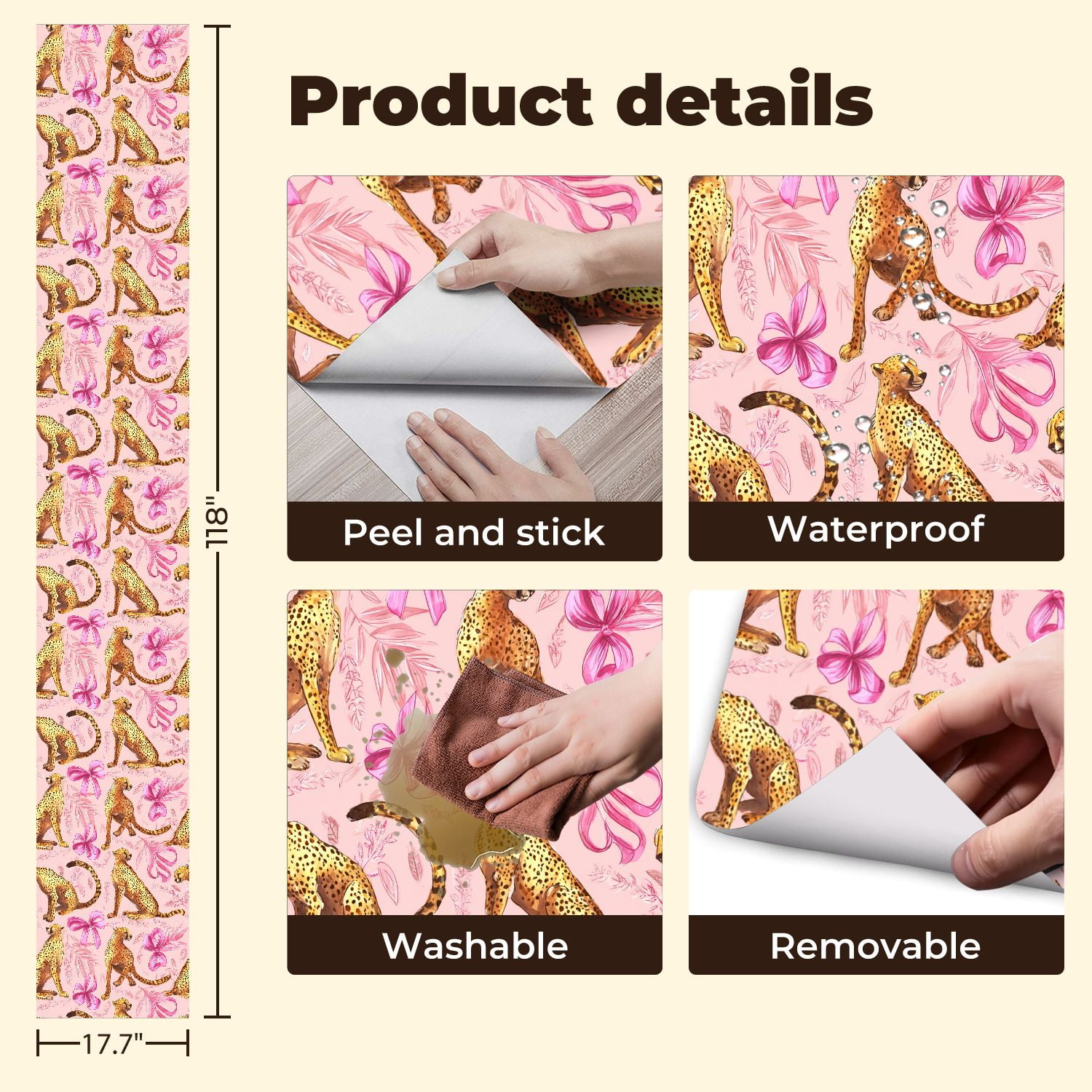 Cheetah Peel and Stick Wallpaper 17.7in x 9.8ft Leopard Cheetah Pink Floral Contact Paper Vinyl Waterproof Self Adhesive Wall Paper for Bedroom Shelf Cabinet Renter Friendly