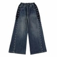 thumbnail image 3 of Duqingm Girls Jeans Wide Leg High Waisted Trendy Side Studded Embellished Distressed Stretchy Denim Pants Outwear Dailywear (Blue,4-5 Years), 3 of 7