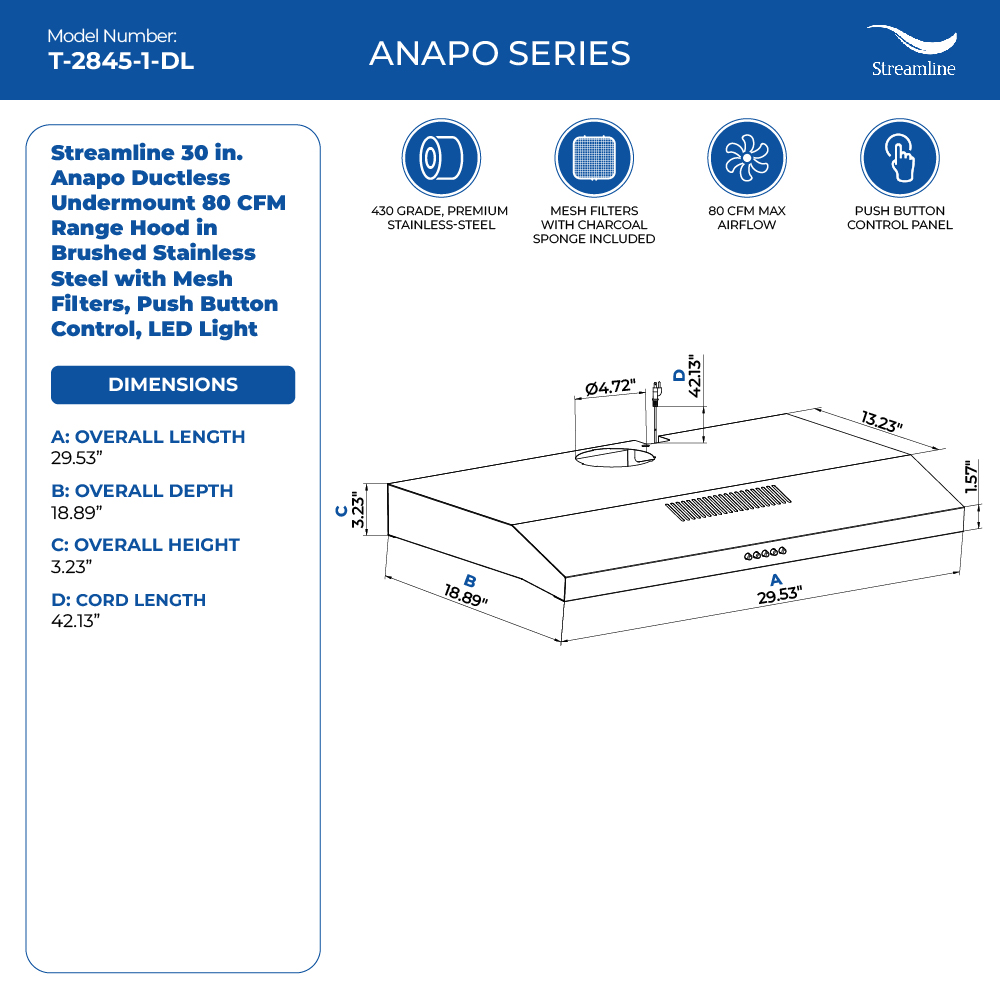 Streamline 30 in. Anapo Ductless Undermount 80 CFM Range Hood in Brushed Stainless Steel with Mesh Filters, Push Button Control, LED Light