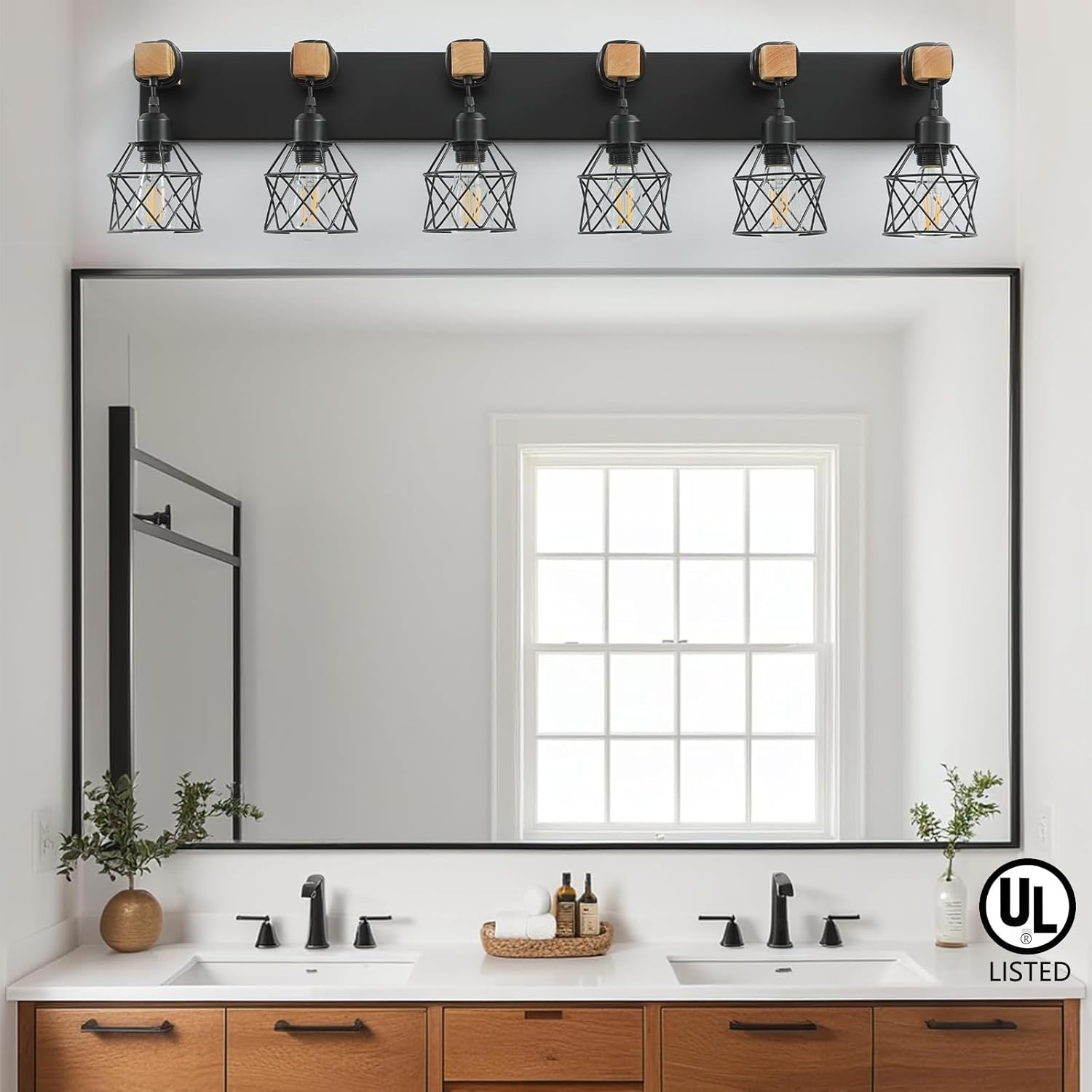 Farmhouse Vanity Light Fixture,6-Light Bathroom Lighting,Black Industrial Wood Wall Light Over Mirror with Metal Shade,LED Bulbs Not Included