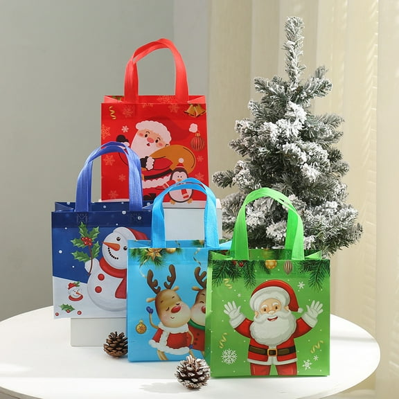 D-GROEE 5Pcs Christmas Tote Gift Bags with Handles for Presents Big Reusable Non-woven Gift Bag Grocery Shopping Totes Holiday Party Favor Goodie Bags