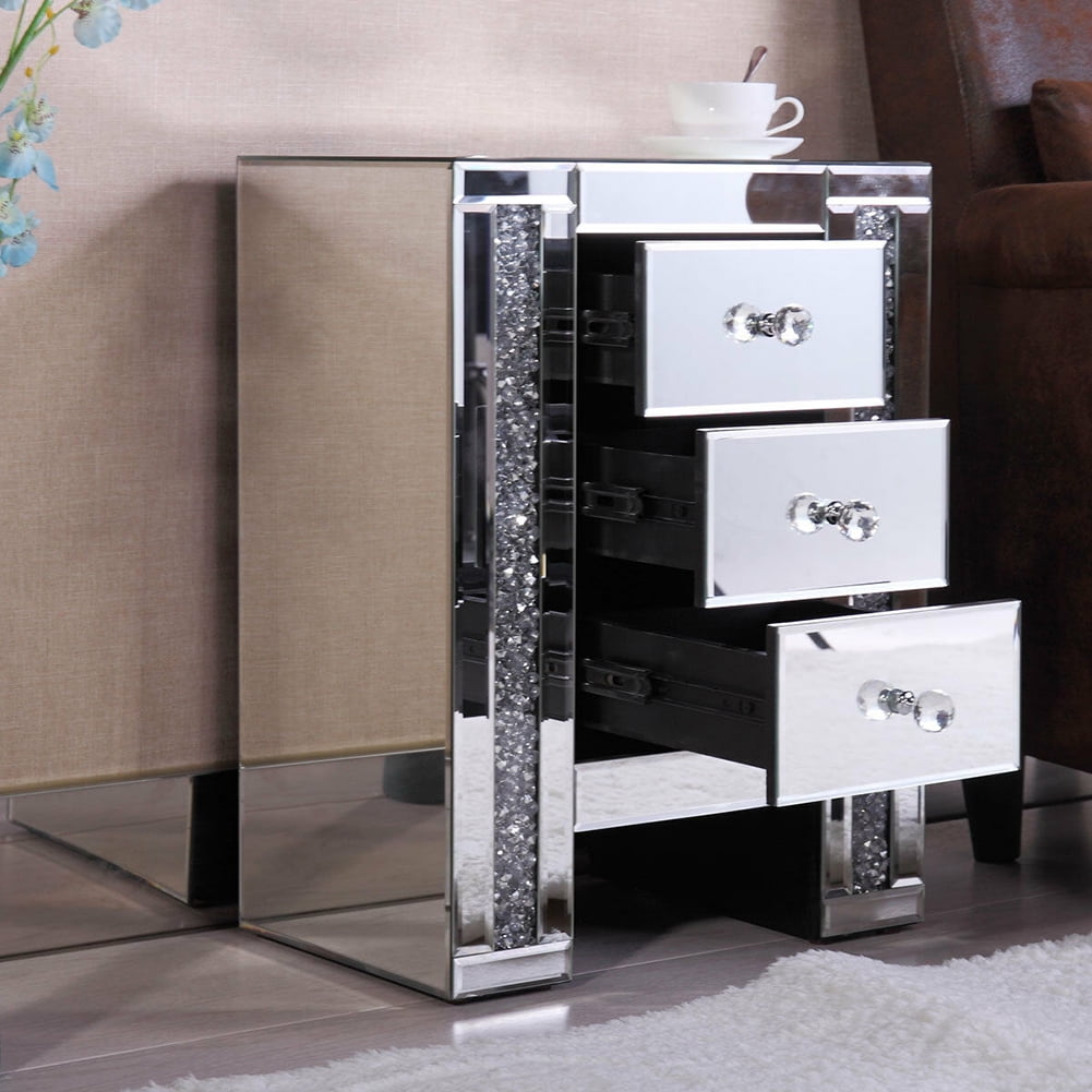 Kadyn Mirrored Bedside Cupboard with Crystal Diamond Inlay, Silver Bedside Cabinets with 3 Drawers, End Table for Bedroom Living Room