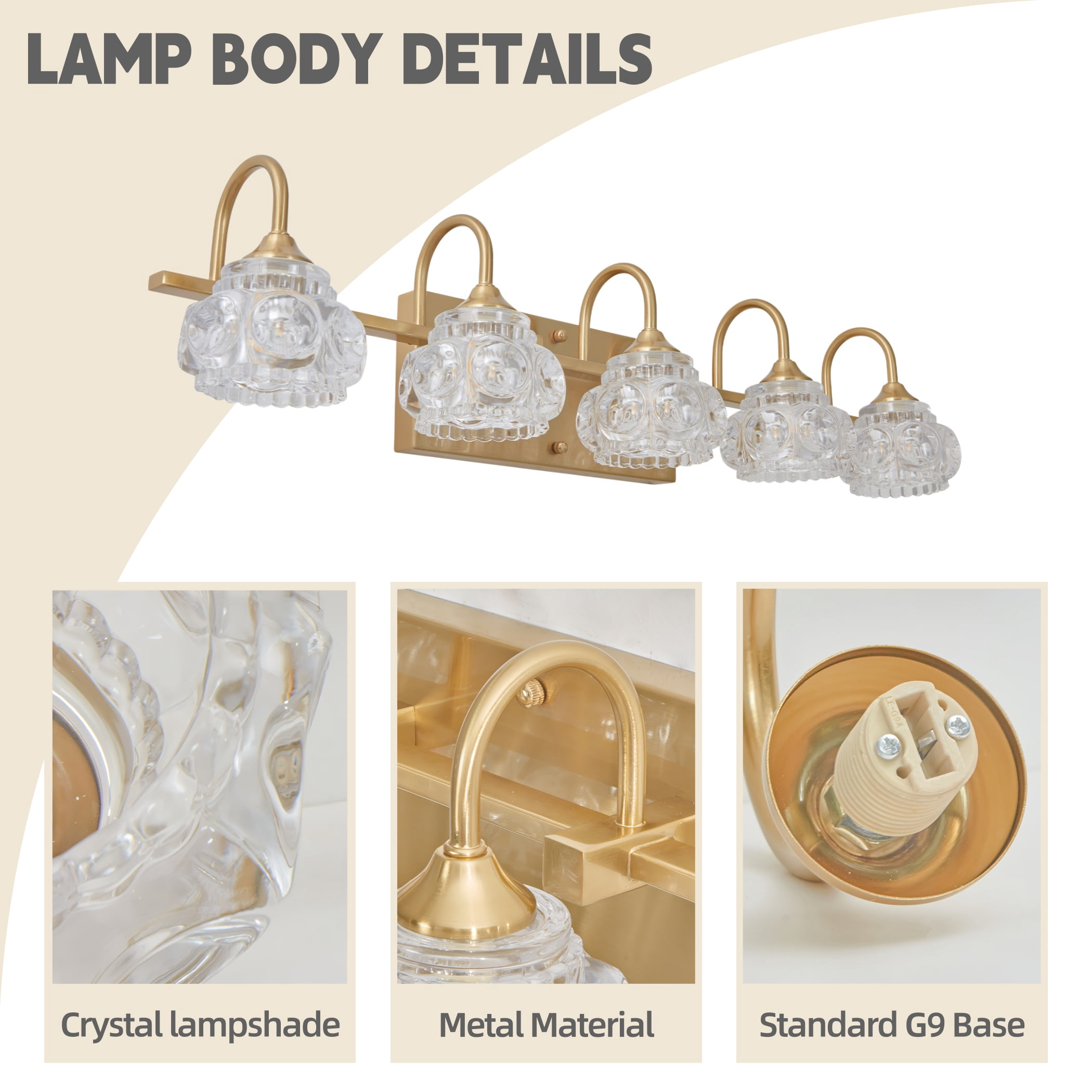 29" Modern 5-Light Gold Crystal Vanity Light with Clear Glass Shades, Elegant Bathroom Wall Sconce for Mirror or Powder Room (Bulbs Not Included)