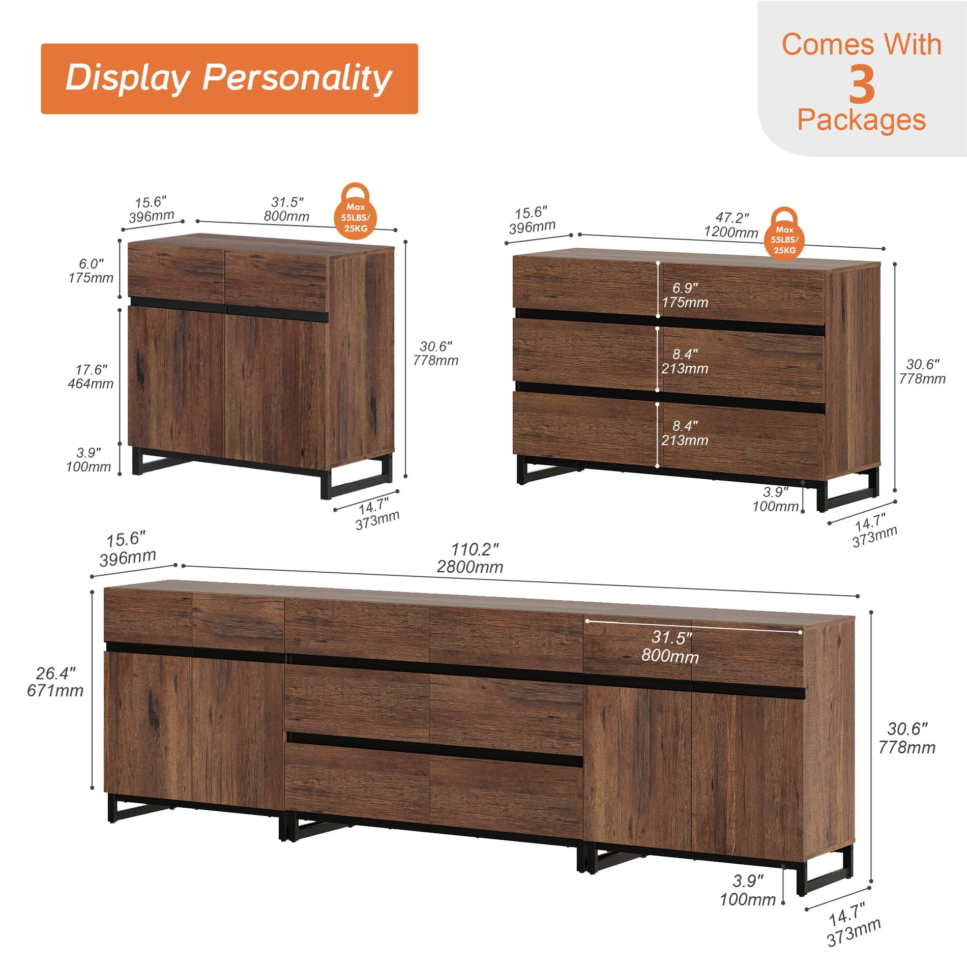 Modern Sideboard with Adjustable Shelves, 3 in 1 Storage Cabinet, Coffee Bar Cabinet for Living Room, Kitchen, Brown