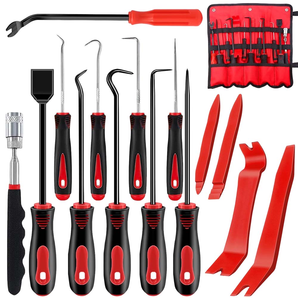 15Pcs Carbon Steel Precision Pick & Hook and Trim Removal Tool Set with Scraper and Magnetic Telescoping Tool Kit for Remove Automotive Electronics Maintenance Hoses Gasket Hand Pick Up Tools