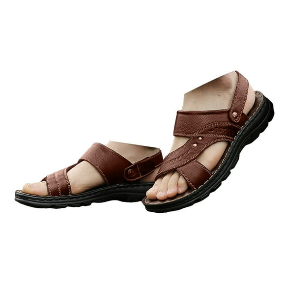 Dakaela Men's Leather Sandals Arch Support Summer Beach Walking Slip on Shoes with Back Strap Brown 9
