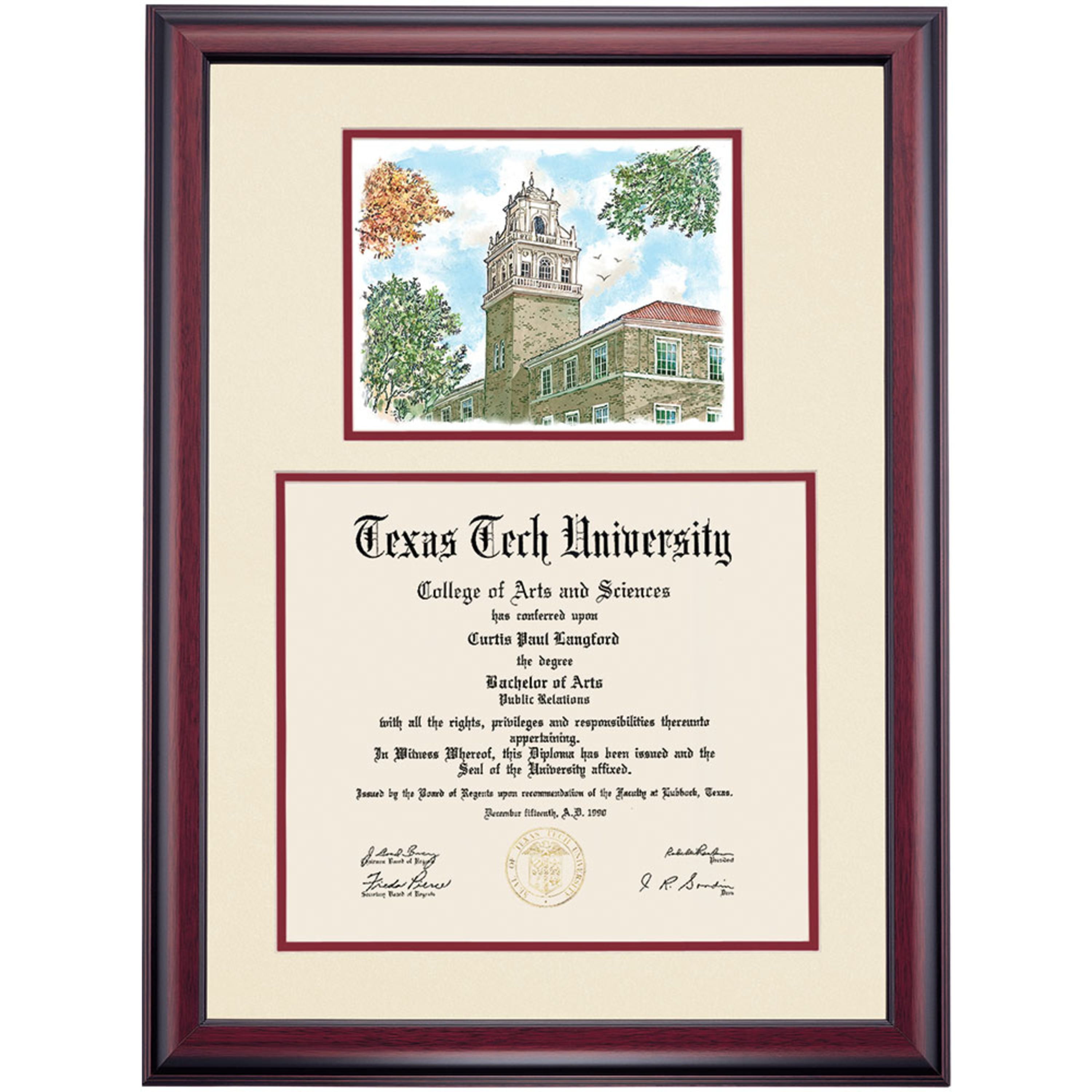 OCM Diploma Frame for Texas Tech University TTU, Ivory/Maroon Mat with
