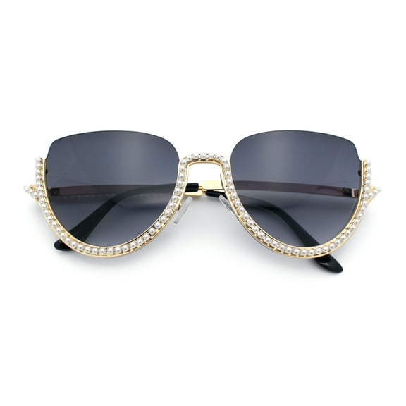Womens Upside Down Half Rim Bling Pearl Metal Frame Cat Eye Sunglasses Gold - Smoke