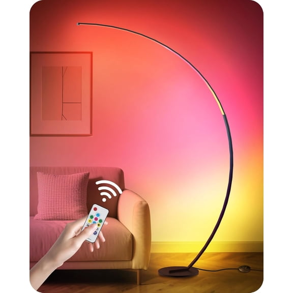 RGBW Floor Lamp, 75" Standing Tall Lamp, Dimmable Arc Floor Lamp for Living Room with Foot and Remote Control, 18 DIY Colors, 3000K-6000K White, LED Corner Lamp, Color Changing Ambient Light RB62LD05