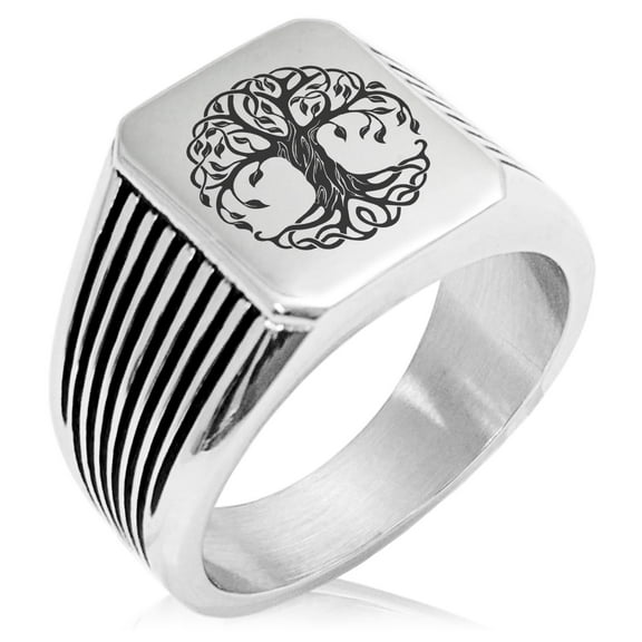 Stainless Steel Celtic Knot Tree of Life Needle Stripe Pattern Biker Style Polished Ring